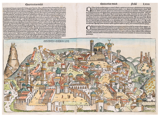 Appraisal: HOLY LAND Schedel Hartmann Destruccio Iherosolime Hand-colored double-page wood-engraved view