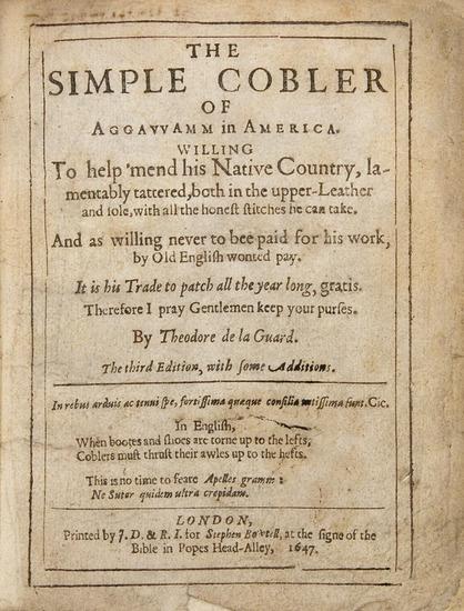 Appraisal: WARD Nathaniel The Simple Cobler of Aggawamm in America Willing