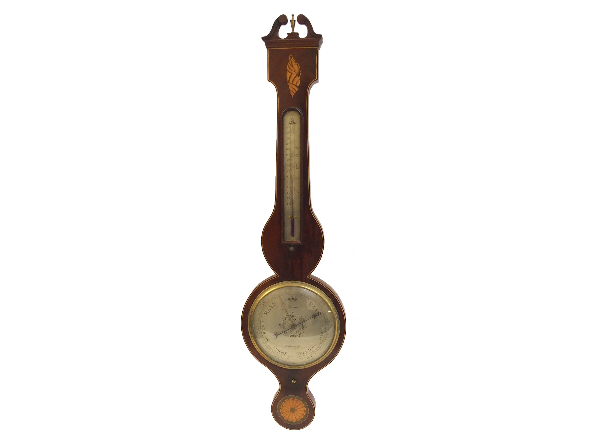 Appraisal: A mahogany and satinwood inlaid wheel barometer and thermometerthe dial