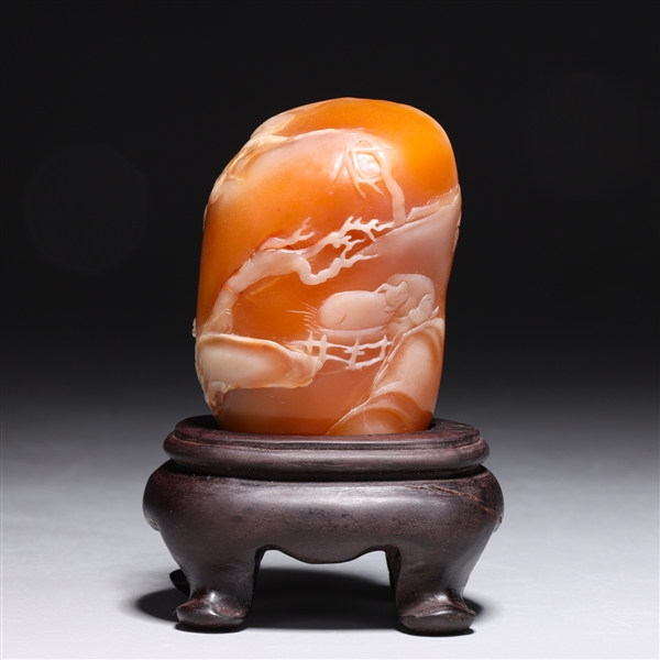 Appraisal: Chinese carved Shoushan stone small mountain with wood stand H