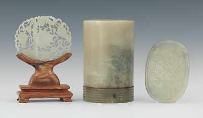 Appraisal: A Lot of Three Carved Jade Ornaments Containing a cylinder