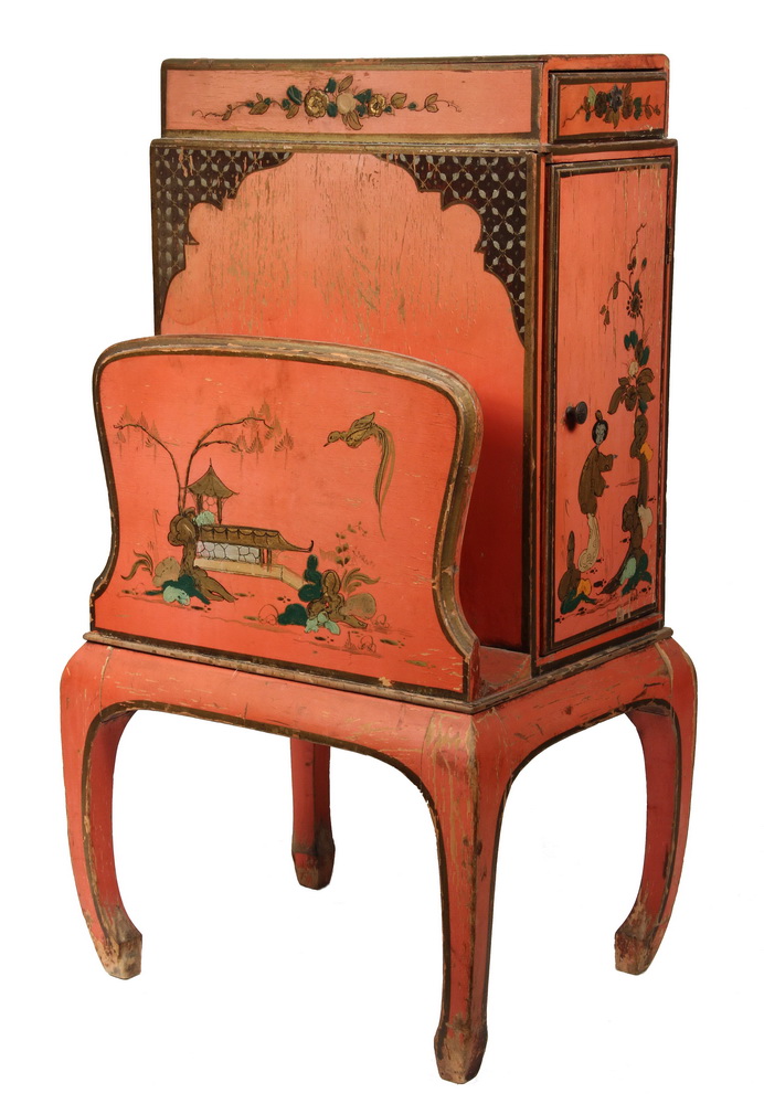 Appraisal: CHINOISERIE SMOKING STAND - Orange Lacquered Oriental Themed Stand with