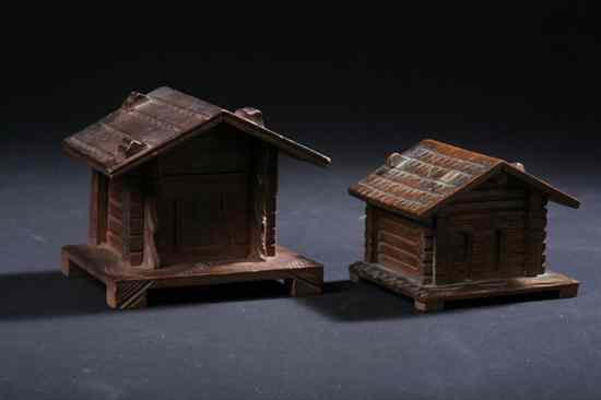 Appraisal: TWO GERMAN HAND-CARVED WOOD CABIN INKWELLS Circa Each with hinged