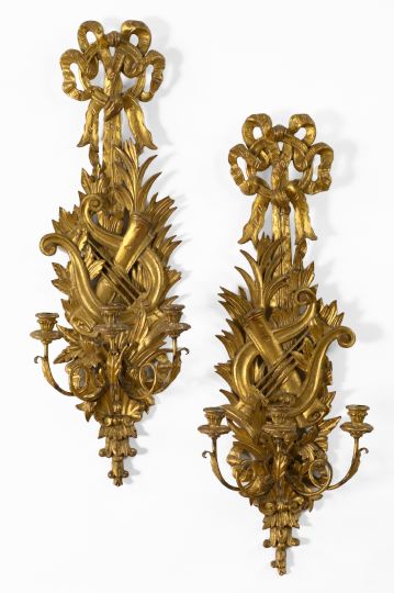 Appraisal: Large Pair of Italian Carved Giltwood and Gilded Wrought-Iron Three-Light