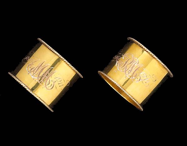 Appraisal: A K gold pair of napkin ringsUnmarked by makerEach variously