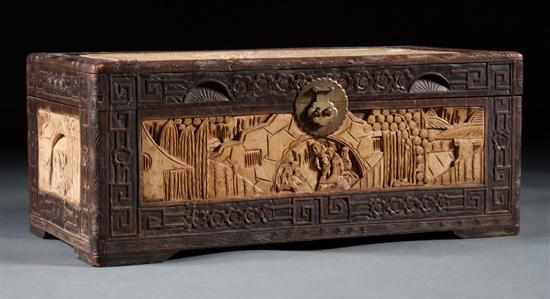 Appraisal: Chinese Export carved camphorwood trunk with relief carved composition panels