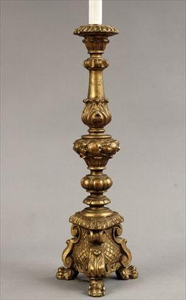 Appraisal: Baroque-Style Carved Giltwood Candlestick Mounted as a Lamp Candlestick in