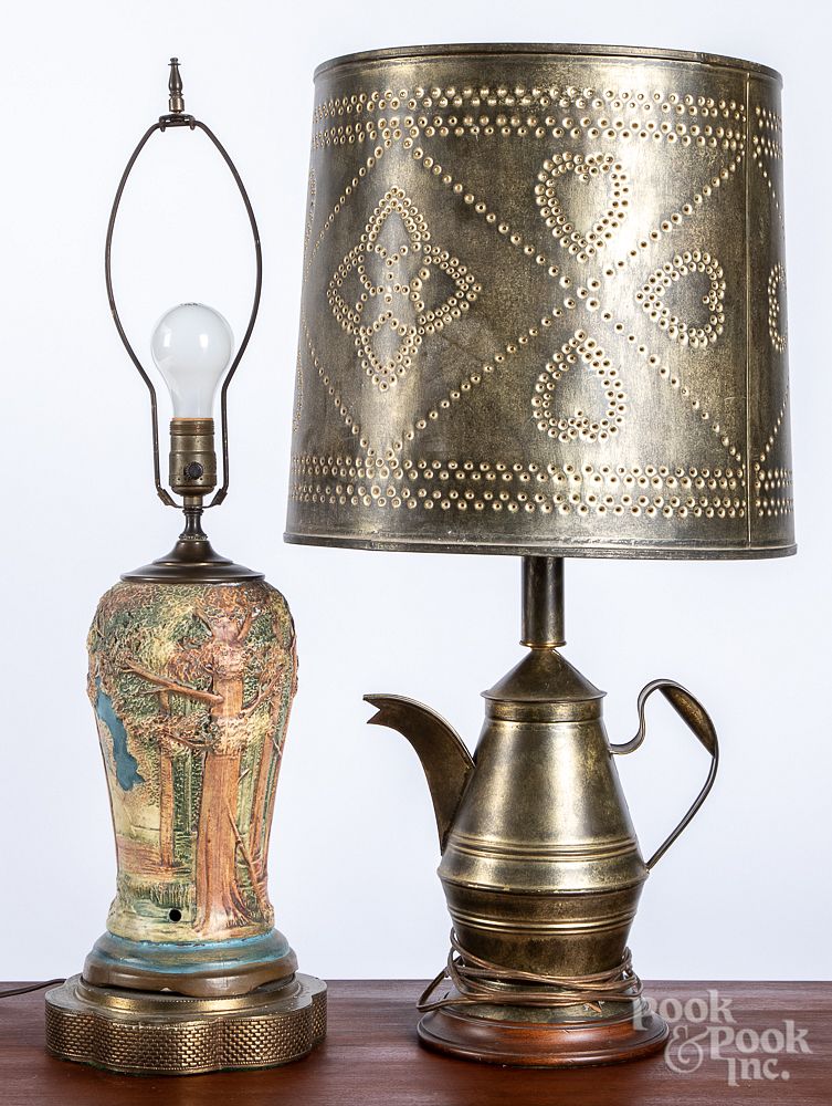 Appraisal: Tin coffeepot table lamp Weller lamp Tin coffeepot table lamp