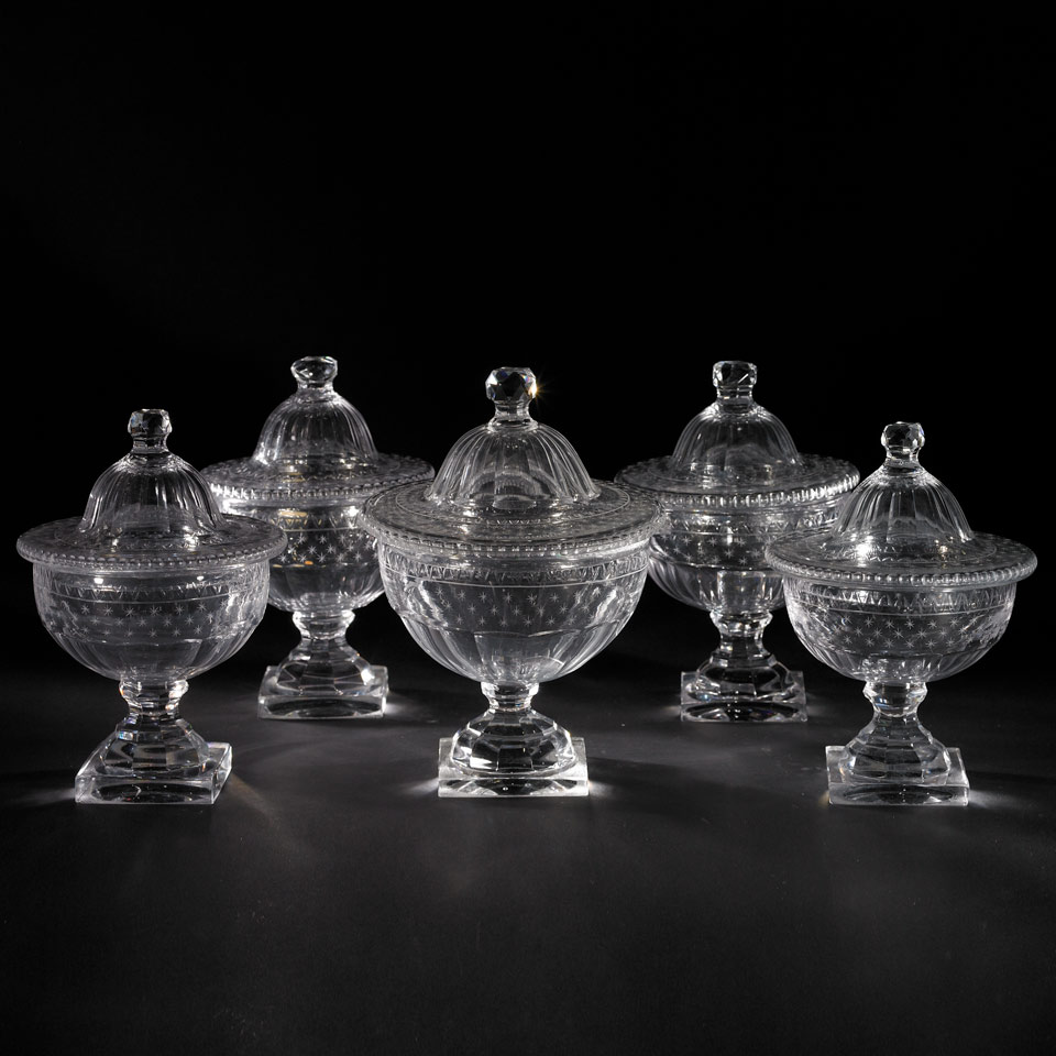 Appraisal: Set of Five Anglo-Irish Cut Glass Covered Urns early th