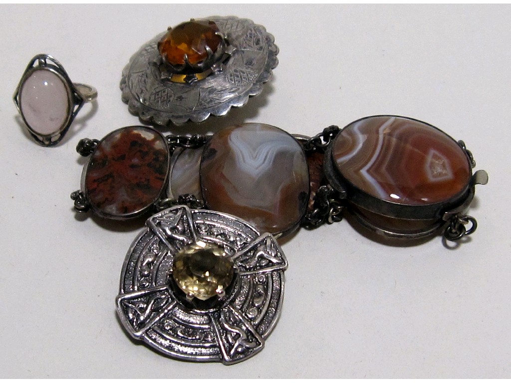 Appraisal: Lot comprising silver mounted agate bracelet two Scottish silver brooches