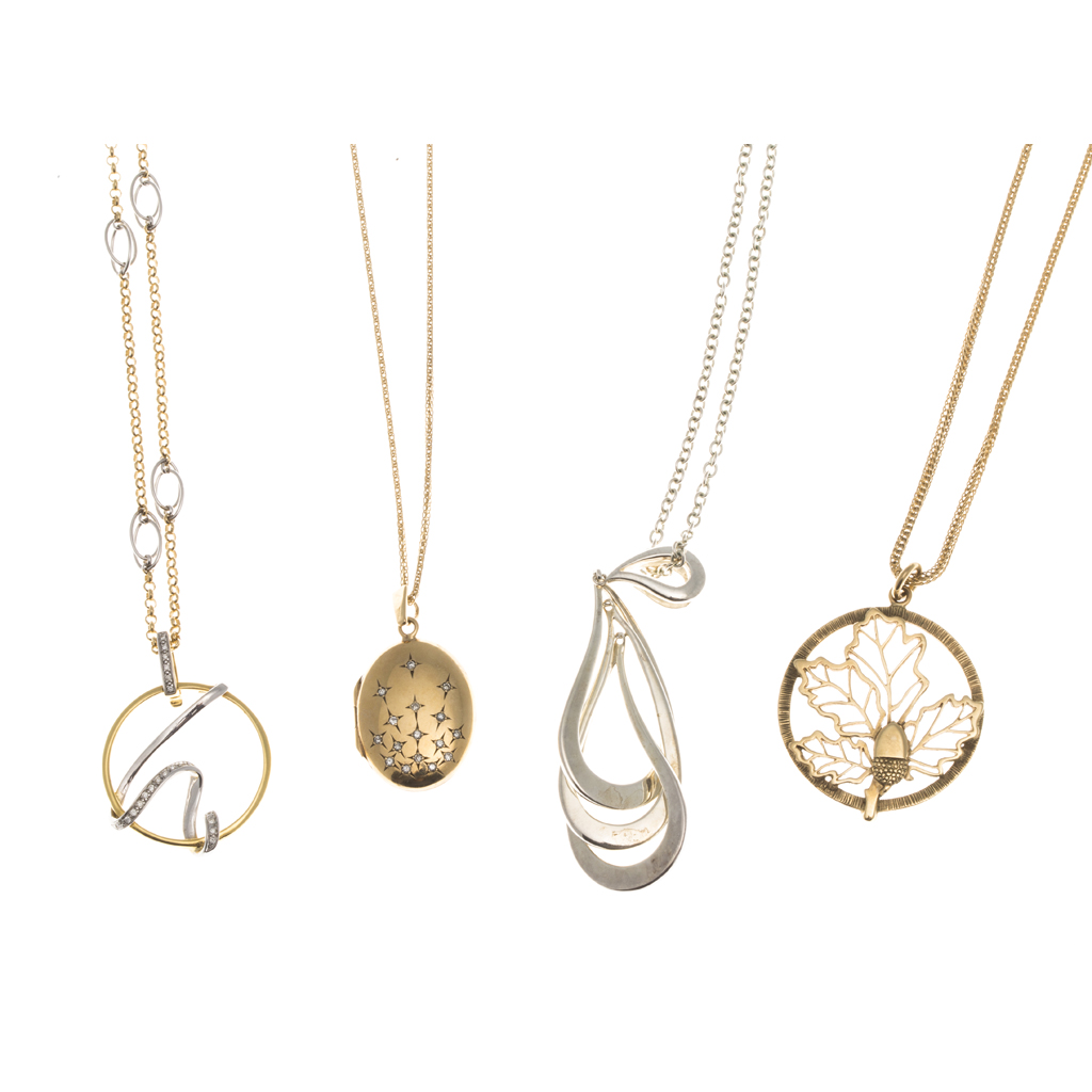 Appraisal: A collection of pendant necklaces to include a ct gold