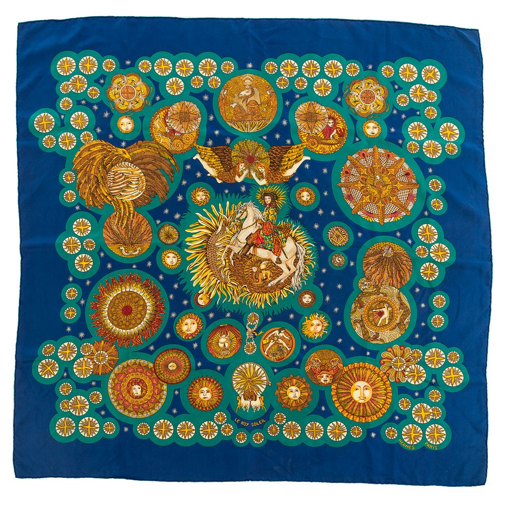 Appraisal: An Hermes Le Roy Soleil Scarf Navy and multicolor Hermes