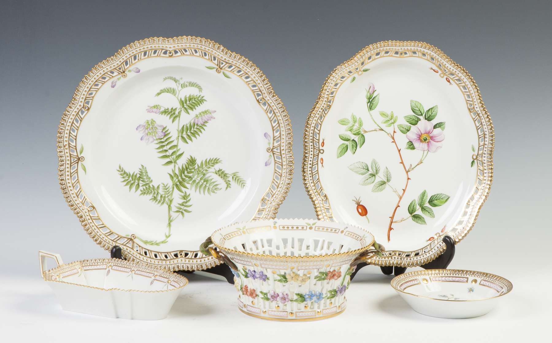 Appraisal: Five Pieces Royal Copenhagen Flora Danica Round serving plate Vicia