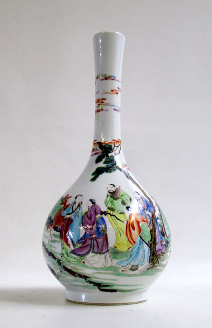 Appraisal: CHINESE WUCAI ENAMEL PORCELAIN BOTTLE VASE featuring five figures and