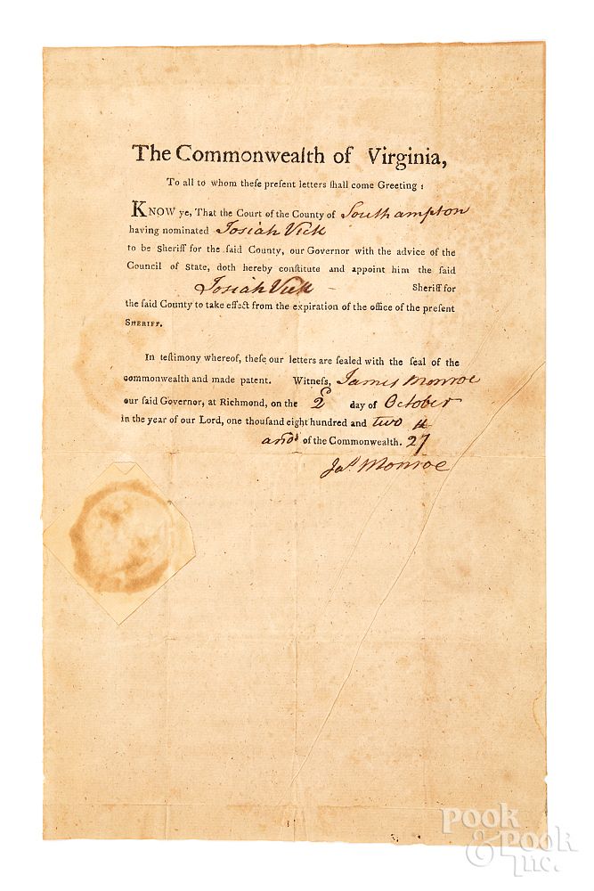 Appraisal: James Monroe signed appointment document James Monroe signed appointment Richmond