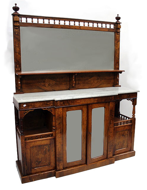 Appraisal: A LATE VICTORIAN WALNUT AND SATINWOOD INLAID BREAKFRONT MARBLE TOPPED