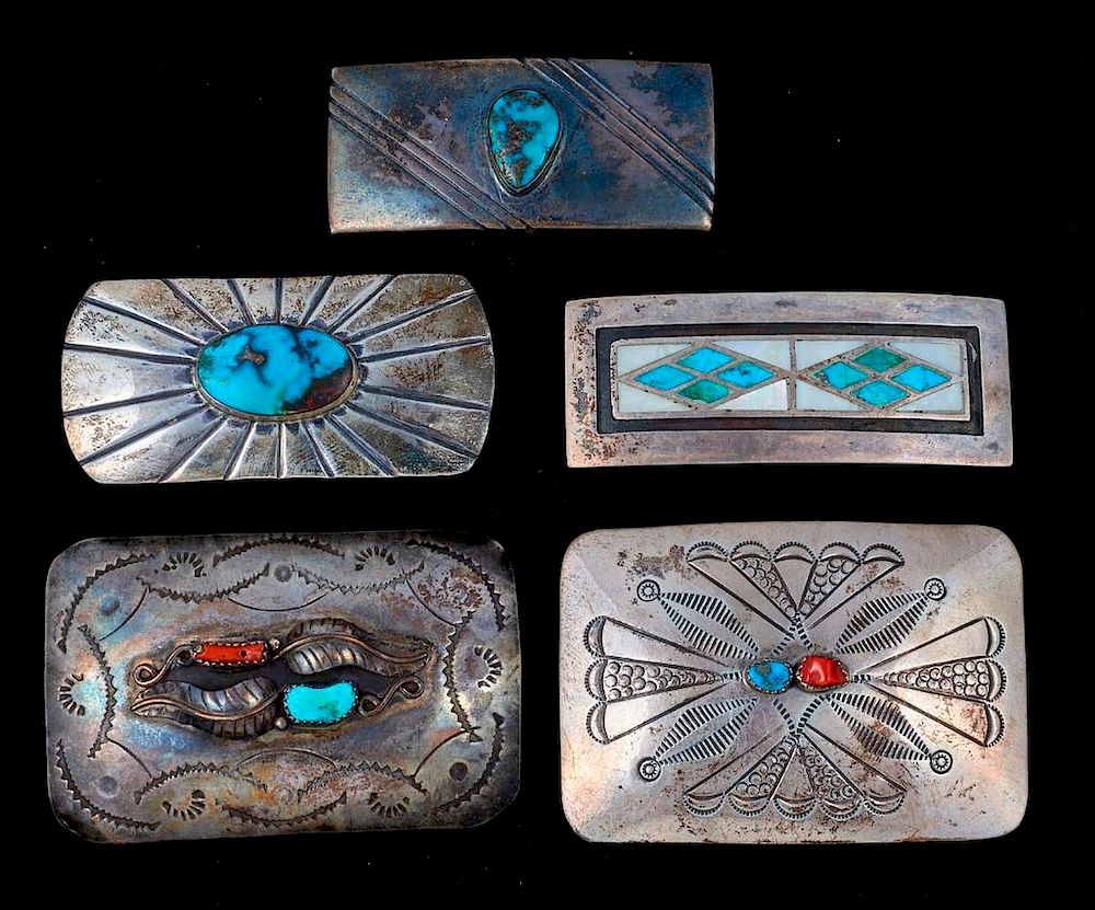 Appraisal: NAVAJO BELT BUCKLES Five Vintage old pawn turquoise coral and