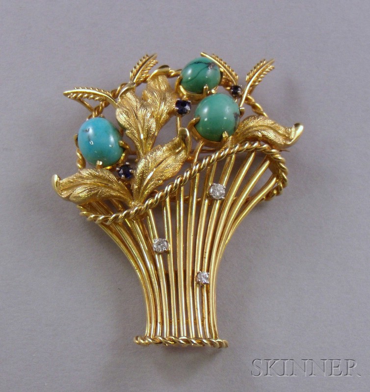 Appraisal: kt Gold Turquoise and Gemstone Bouquet-form Brooch x in