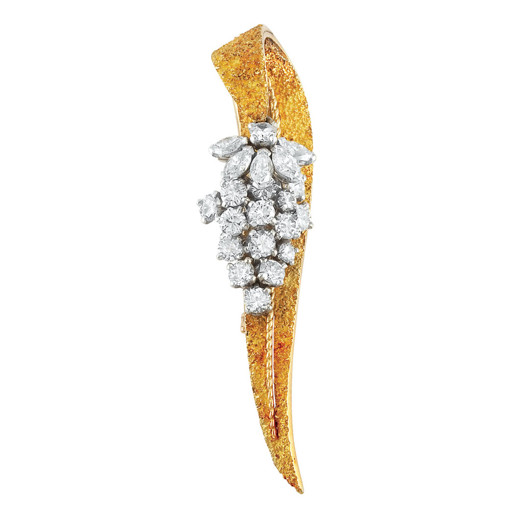 Appraisal: Gold Platinum and Diamond Ribbon Clip-Brooch Marchak kt diamonds ap