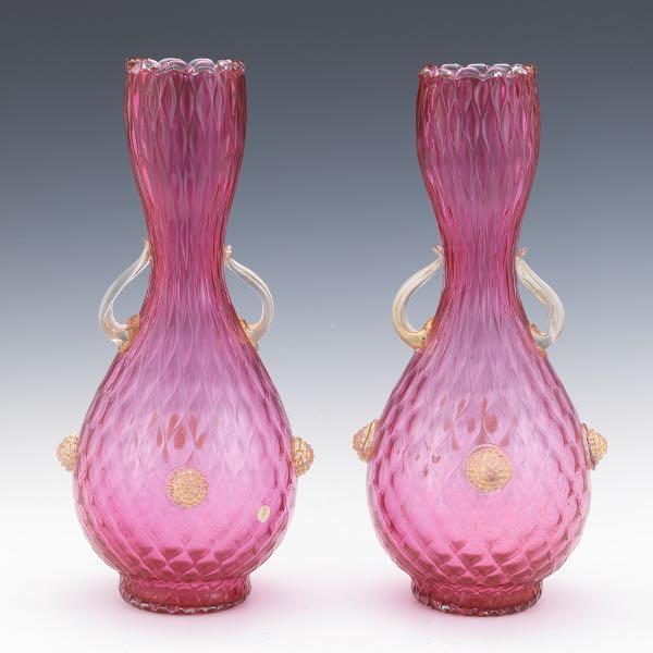 Appraisal: PAIR OF MURANO RUBY RED AND GOLD INFUSED GLASS VASES