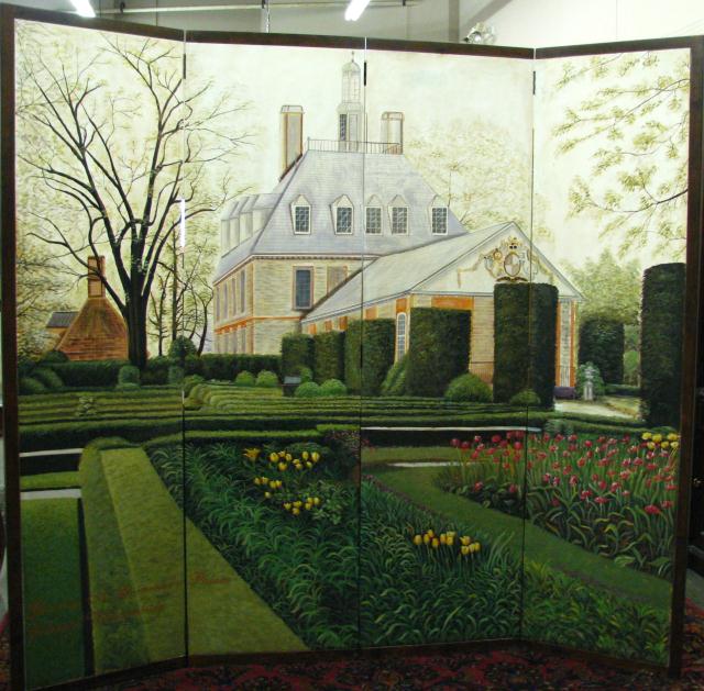 Appraisal: Decorator Four Panel Dressing Screen depicting the garden at Governor's