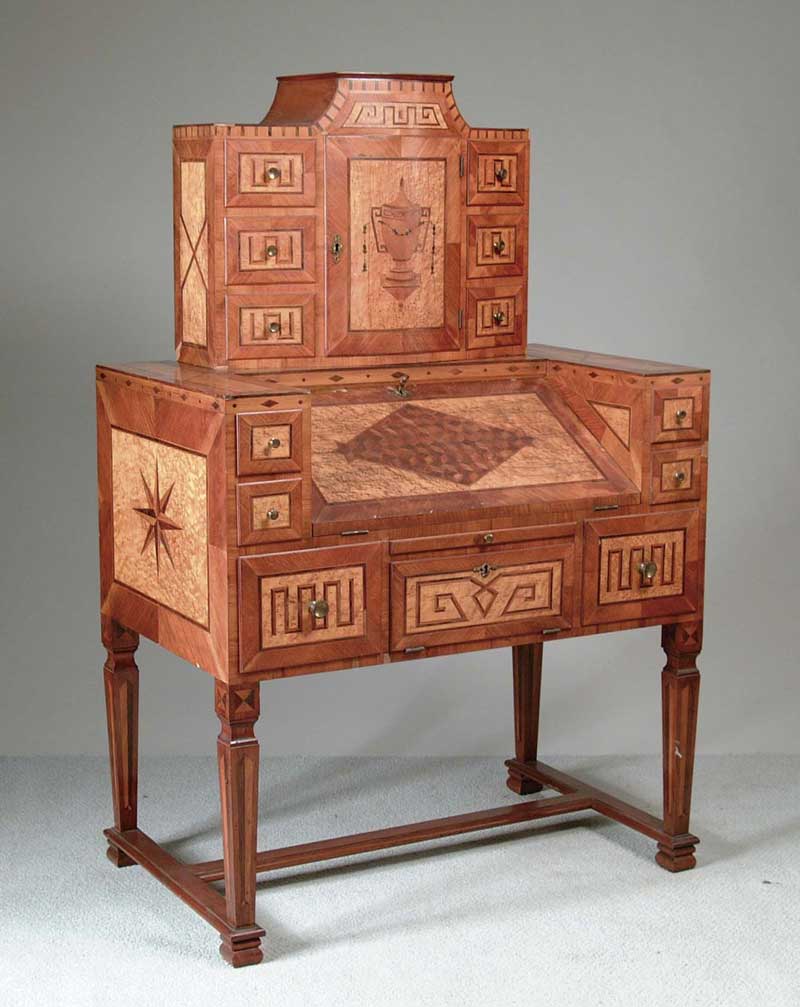 Appraisal: UNUSUAL FOLK ART MARQUETRY SLANT FRONT DESK This unusual desk