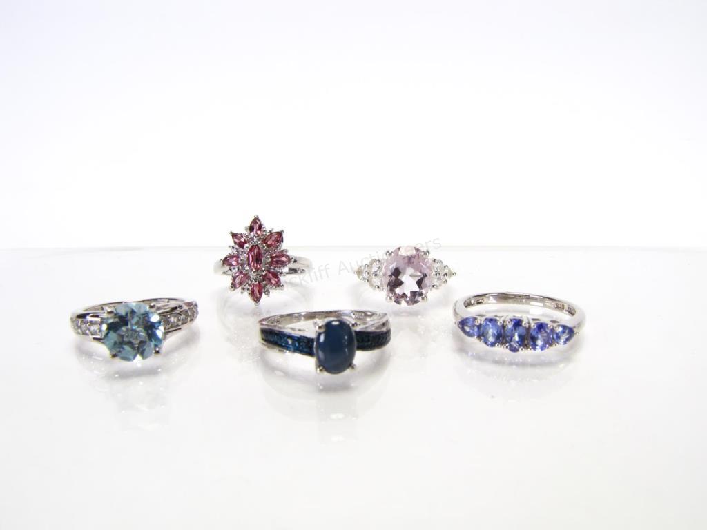 Appraisal: Five sterling silver rings by STS Jewels with manufactured stones