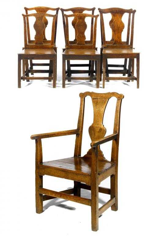 Appraisal: SIX ENGLISH PROVINCIAL OAK DINING CHAIRS with solid splat and