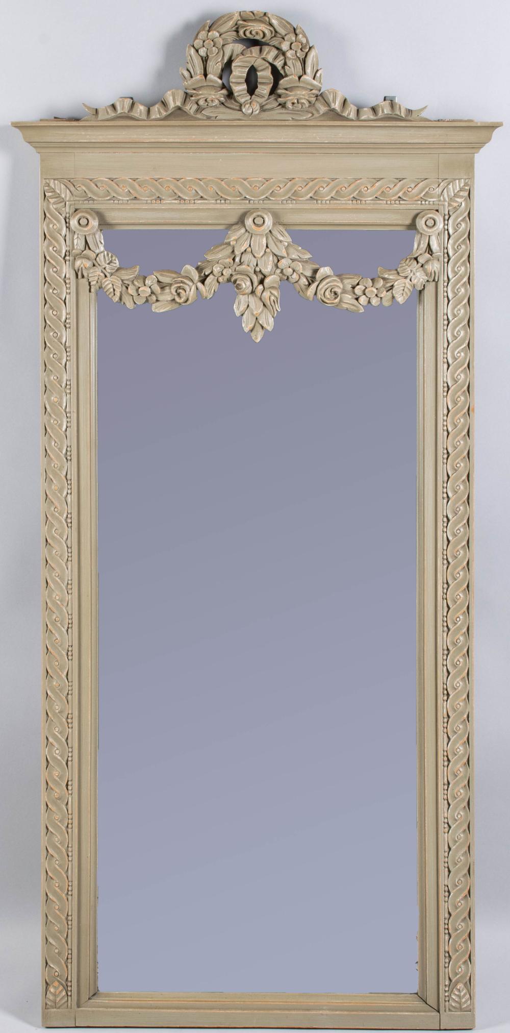 Appraisal: LOUIS XVI STYLE GREY PAINTED MIRROR the rectangular beveled plate