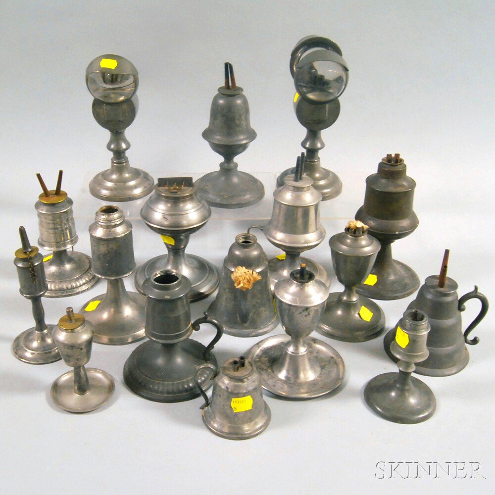 Appraisal: Seventeen Assorted Pewter Fluid Burning Lamps including two lamps with