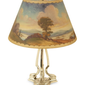 Appraisal: A Silver-Plate Table Lamp with a Reverse-Painted Glass Shade -