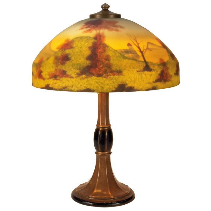 Appraisal: Arts Crafts lamp reverse-painted shade with a hilly landscape design