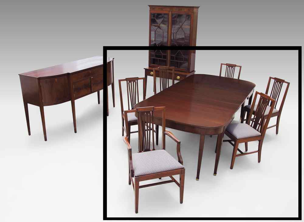 Appraisal: INLAID MAHOGANY EXTENSION DINING TABLE AND CHAIRS CA Banded inlay