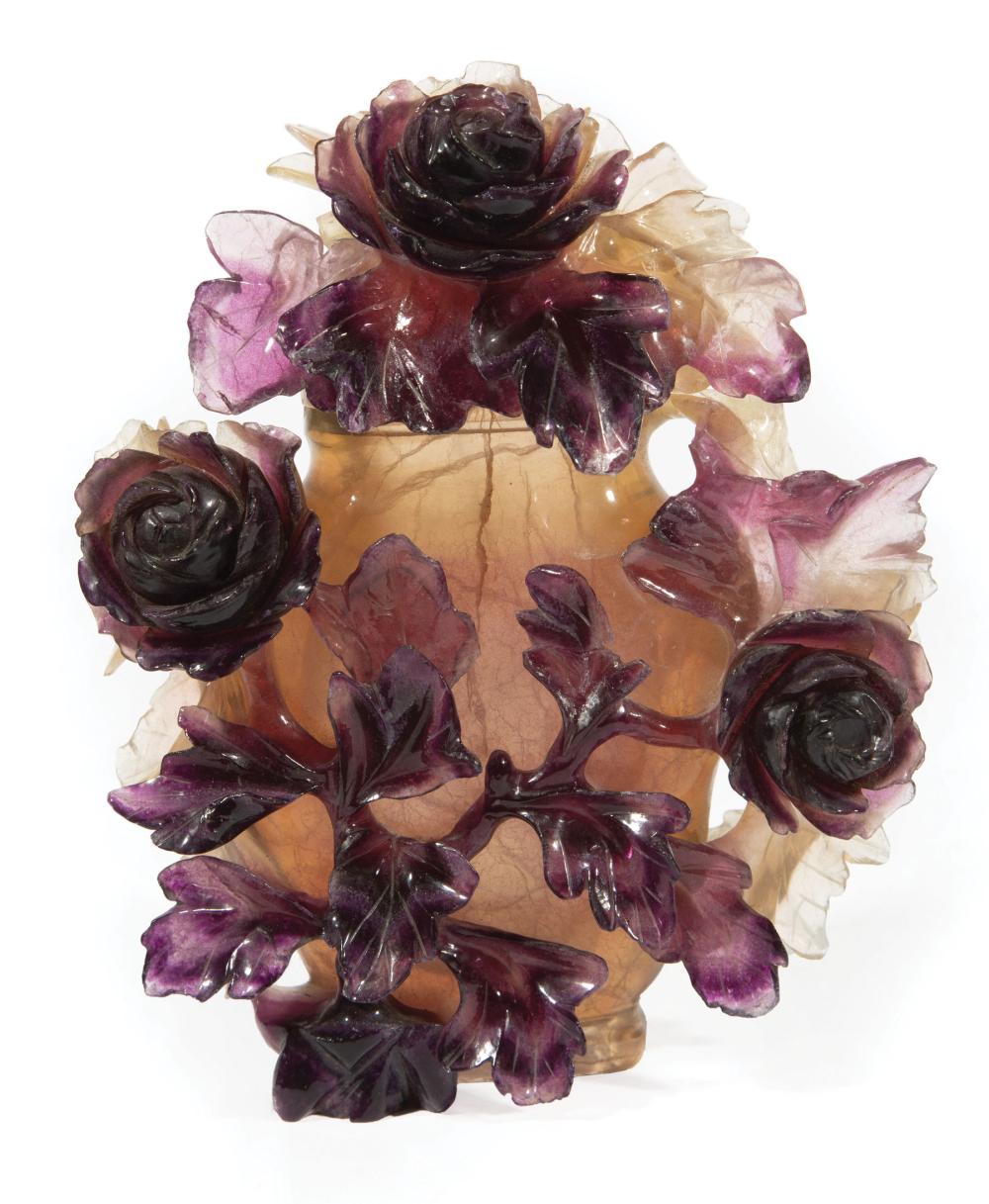 Appraisal: Chinese Fluorite Covered Vase carved in high relief with roses