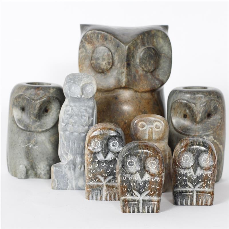 Appraisal: Eight Alaskan Inuit carved Soapstone Owl figures signed Bekoalook Kenock