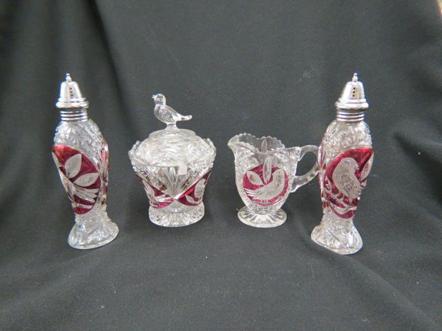 Appraisal: pcs Ruby Flashed Glasswarewith bird decoration salt pepper creamer sugar