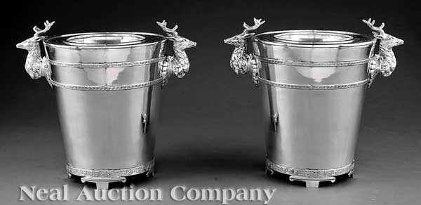 Appraisal: A Decorative Pair of Silverplate Wine Buckets with stag handles