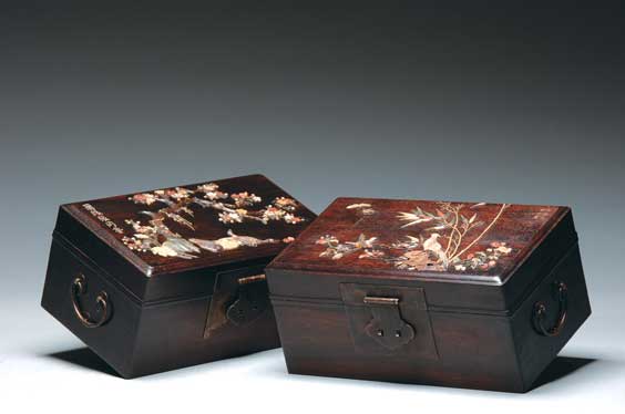 Appraisal: PAIR APPLIQU ZITAN BOXES Pair Chinese zitan wood jewelry boxes