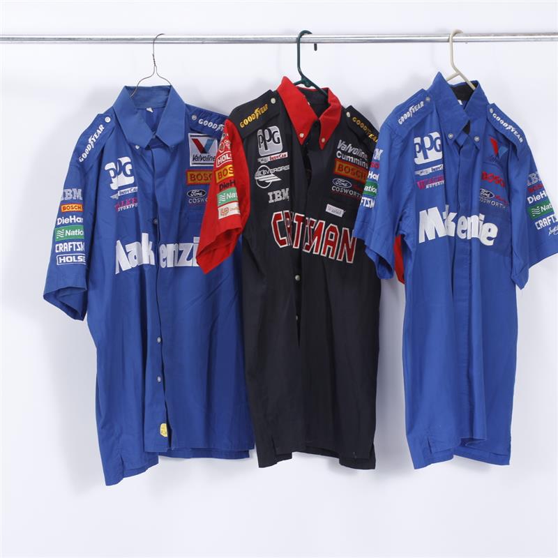 Appraisal: Three Auto Racing Pit Crew Shirts Size L Blue MackenzieSize