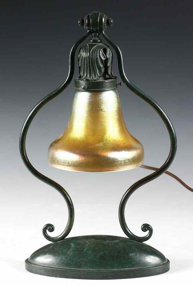 Appraisal: ART GLASS TABLE LAMP - Arts Crafts Bronze Table Lamp