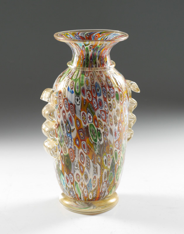 Appraisal: SIGNED MURANO MILLEFIORI VASE Millefiori body with ruffled aventurine handles