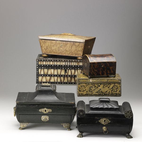 Appraisal: ENGLISH SEWING BOXES Six in various sizes and styles Largest