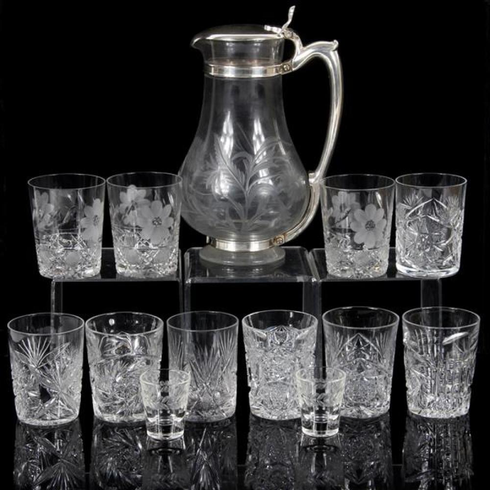 Appraisal: ANTIQUE CUT CRYSTAL TUMBLERS IN VARIOUS PATTERNS AND PITCHER EWER