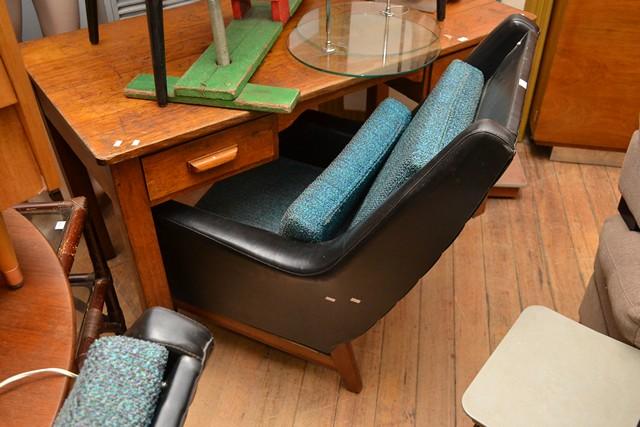 Appraisal: A PAIR OF 'S DANISH STYLE VINYL AND TEAL ARMCHAIRS