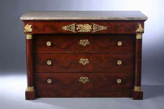 Appraisal: FRENCH EMPIRE MAHOGANY AND ORMOLU MOUNTED COMMODE circa Rectangular marble