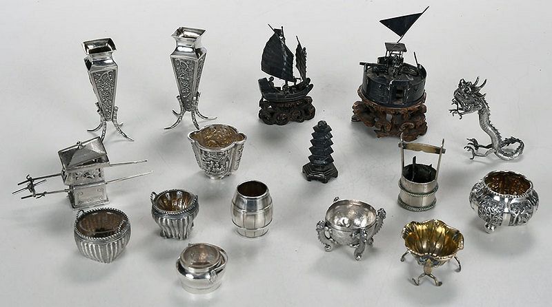 Appraisal: Asian Silver Salts and Miniature Figures late th century including