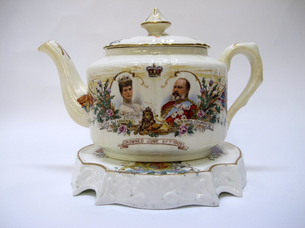 Appraisal: Edward VII coronation porcelain teapot on stand with portrait and