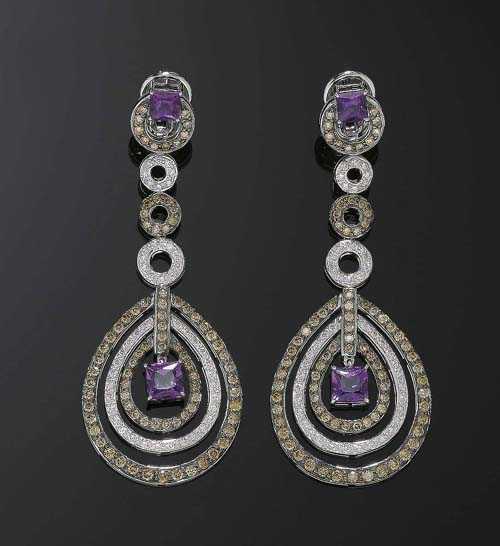 Appraisal: AMETHYST AND BRILLIANT-CUT DIAMOND PENDANT EARRINGS White gold Elegant clip