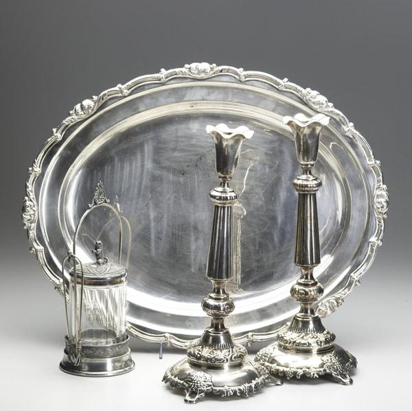 Appraisal: EUROPEAN SILVERPLATE JUDAICA Pair of Fraget and Plaque Sabbath candlesticks