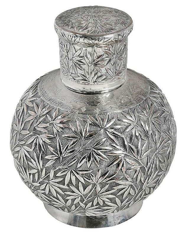 Appraisal: Chinese Export Silver Tea Caddy th century round with bamboo